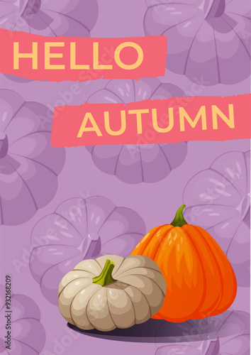 Bright design autumn greeting card design with pumpkin. Cute autumn greeting card design. Greeting card with pumpkin background