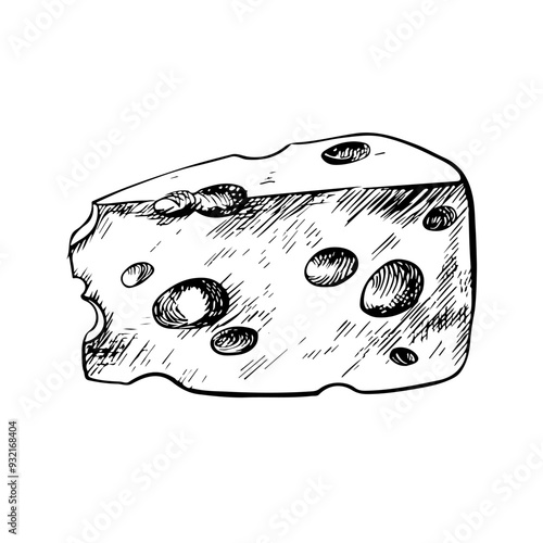 A piece of cheese. Vector graphics, black and white hand-drawn illustrations. Isolate on a white background. For packages and labels. For banners and posters. For restaurant and bar menus.