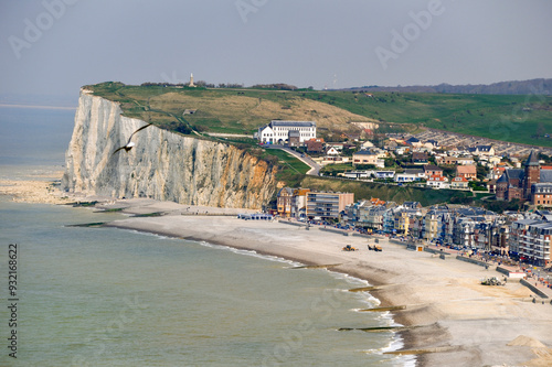 Sea front and beach of Mers-Les-Bains seen from Le Treport, Somme department, Picardie region, France
