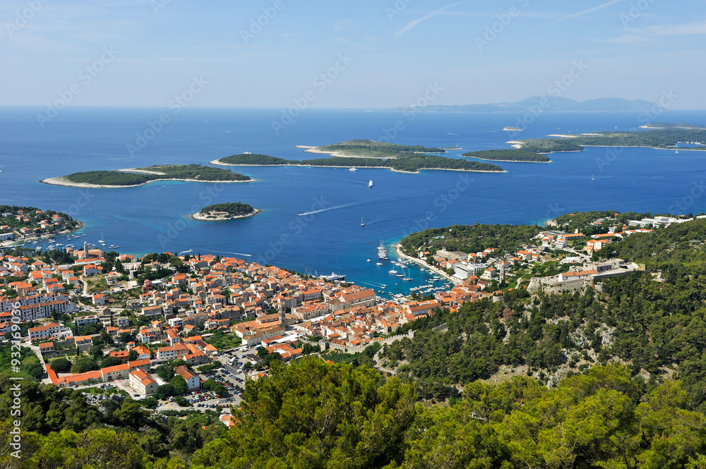 View over Hvar city from the fortress Napoleon with Hell's Islands (Pakleni) in the background, Hvar island, Croatia, Southeast Europe View over Hvar city from the fortress Napoleon with Hell's Islands (Pakleni) in the background, Hvar island, Croatia, Southeast Europe