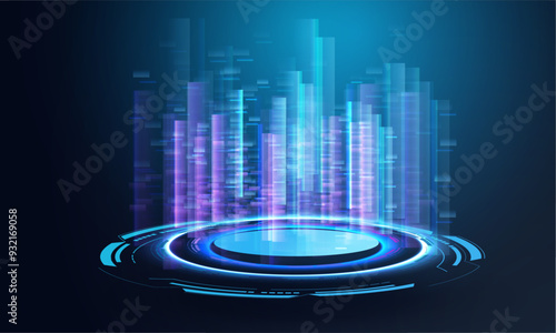 Futuristic ai virtual big city background. Future urban architecture neon light buildings vector. Platform cityscape technology concept. Digital high tech city design banner.