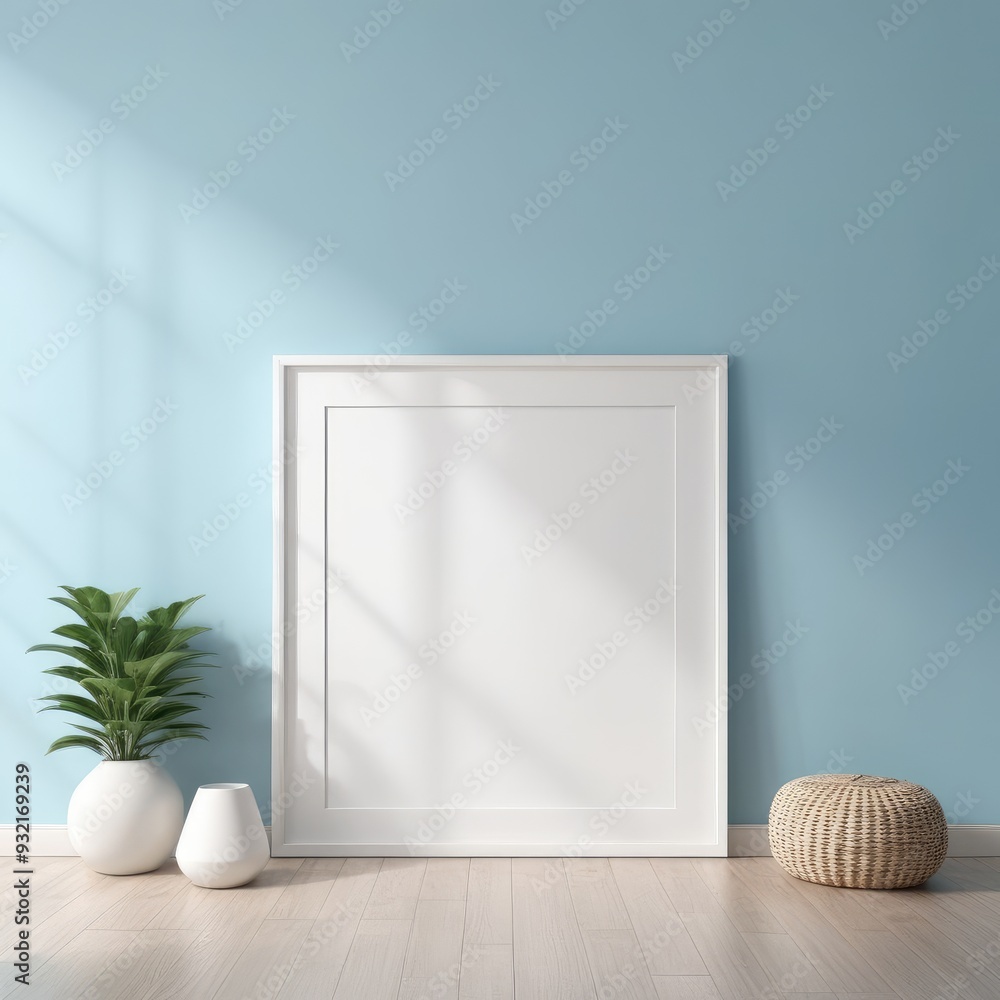 white poster frame close up in modern home interior with light blue colored walls, wall mockup, 3d rendering white poster frame close up in modern home interior with light blue colored walls, wall mockup, 3d rendering
