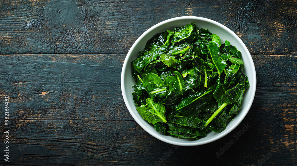 Steamed green vegetables in serving bowl resting on dark wooden table with copy space Steamed green vegetables in serving bowl resting on dark wooden table with copy space
