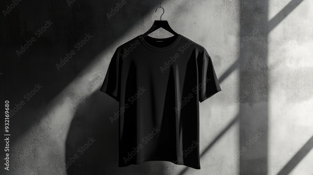 Abstract black t shirt suspended on a hanger in a concrete nook creating intriguing shadows Conceptual design for fashion fabric and retail mockups 3D rendering Abstract black t shirt suspended on a hanger in a concrete nook creating intriguing shadows Conceptual design for fashion fabric and retail mockups 3D rendering
