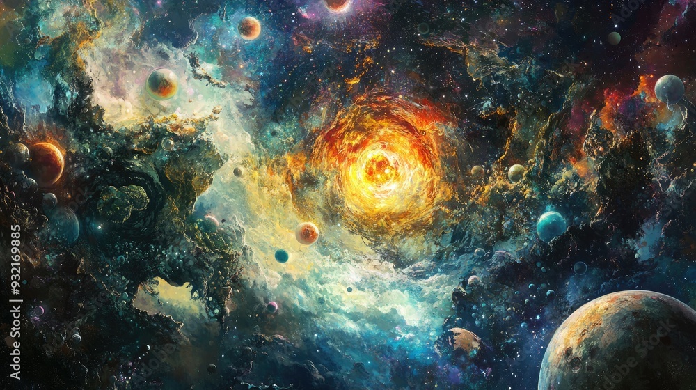 Abstract design featuring forms and planets related to science depicting an explosion of stars in space a fantastical galaxy and a panoramic view of celestial bodies Abstract design featuring forms and planets related to science depicting an explosion of stars in space a fantastical galaxy and a panoramic view of celestial bodies