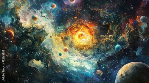 Abstract design featuring forms and planets related to science depicting an explosion of stars in space a fantastical galaxy and a panoramic view of celestial bodies