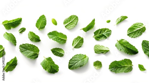 Falling Fresh Mint Leaves, Isolated Aromatic Herb Leaf Backdrop, Organic Peppermint Spearmint Marketing Menu Background, Tasty Herbal Plant Based Ingredient Design 