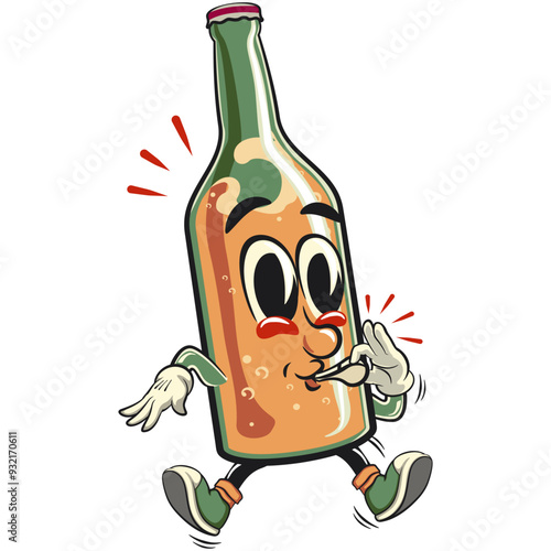 bottle beer cartoon character retro vector design is blowing the whistle, work of hand drawn