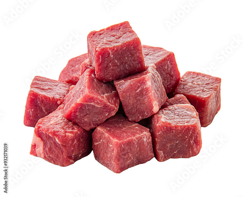 A pile of raw beef cubes isolated on a transparent background