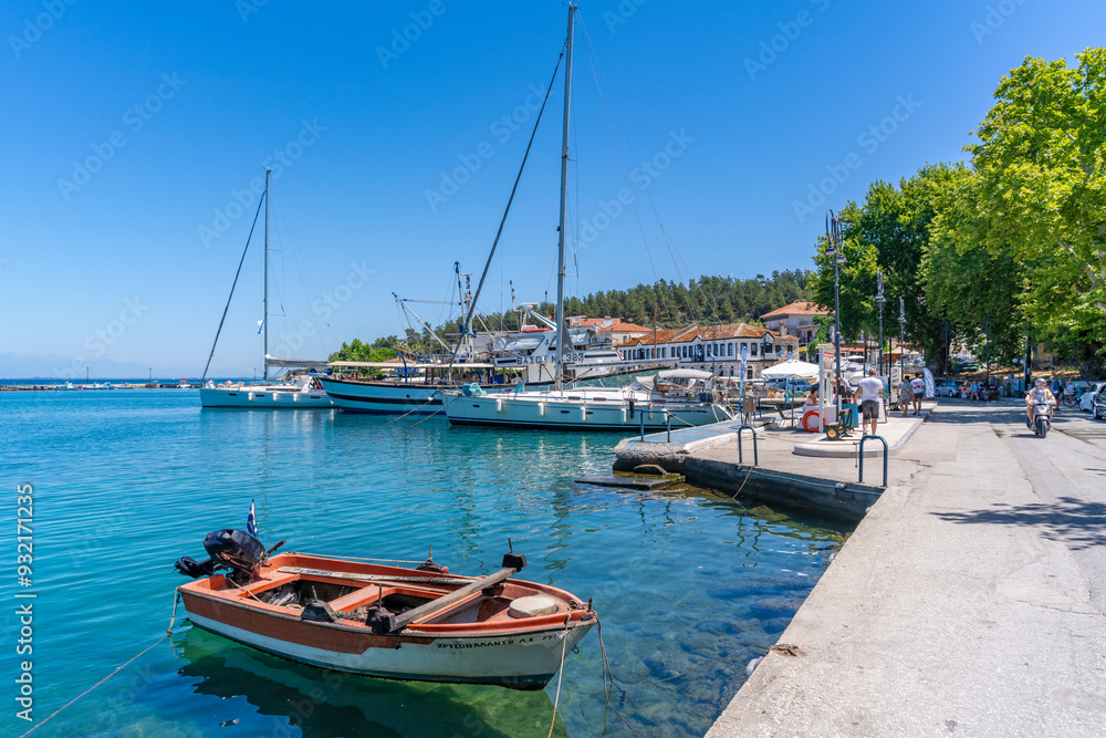 View of boats and harbour in Thassos Town, Thassos, Aegean Sea, Greek Islands, Greece