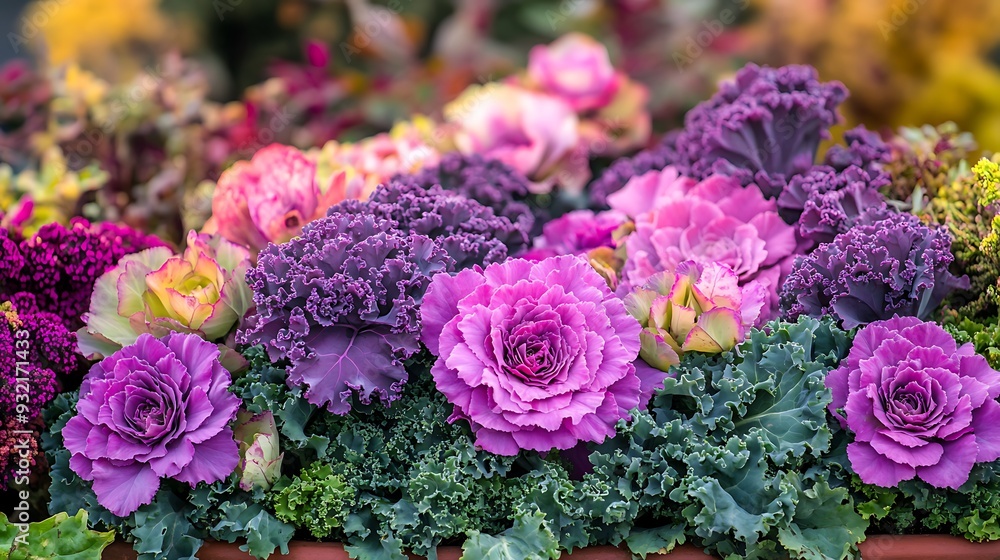 A close-up view of a vibrant display of purple and pink ornamental cabbage, showcasing the unique texture and color of the edible flowers. A close-up view of a vibrant display of purple and pink ornamental cabbage, showcasing the unique texture and color of the edible flowers.