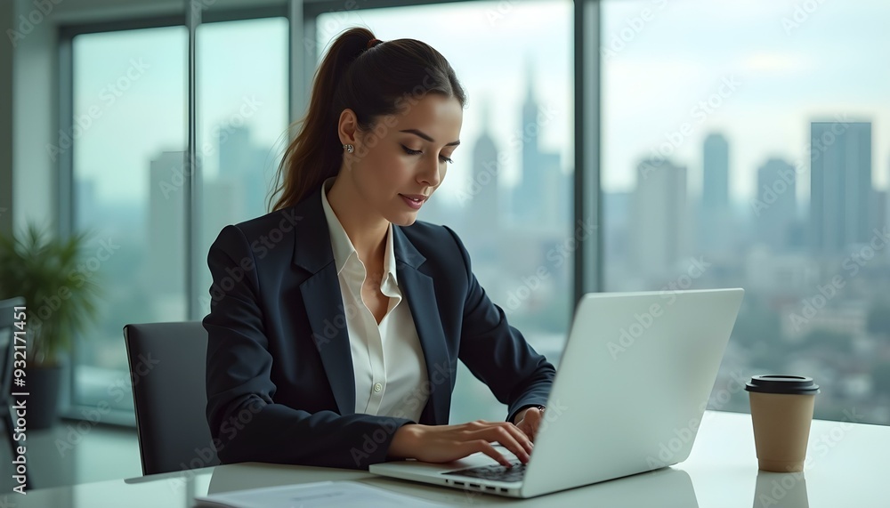 Depict a modern, professional woman in a business setting, elegantly dressed and engaged in various tasks such as working on a computer, attending meetings, or talking on the phone. Depict a modern, professional woman in a business setting, elegantly dressed and engaged in various tasks such as working on a computer, attending meetings, or talking on the phone.