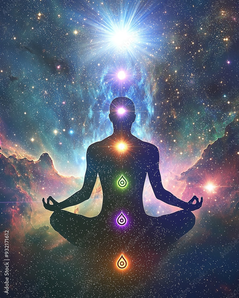 Naklejka premium A visually striking illustration of a meditating figure with alpha waves cascading over glowing chakra points, set against a cosmic field of bright stars and nebulae. High resolution 8K