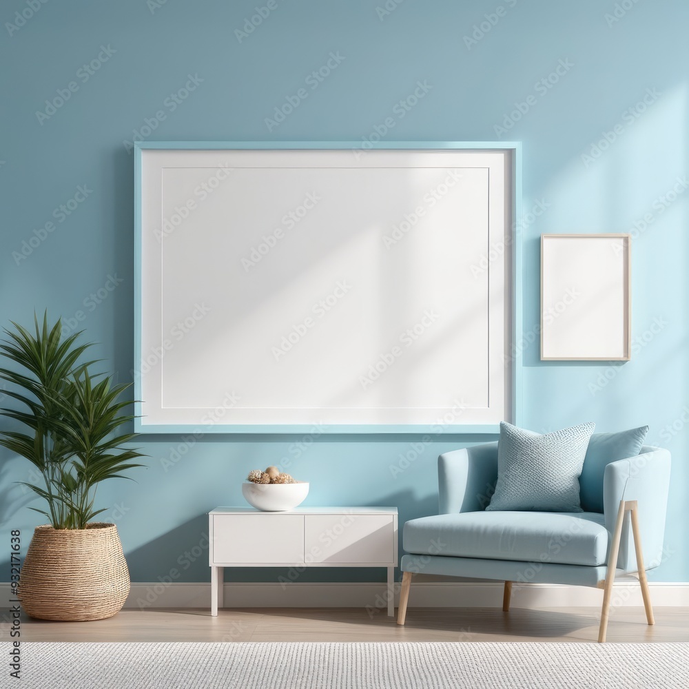 white poster frame close up in modern home interior with light blue colored walls, wall mockup, 3d rendering white poster frame close up in modern home interior with light blue colored walls, wall mockup, 3d rendering