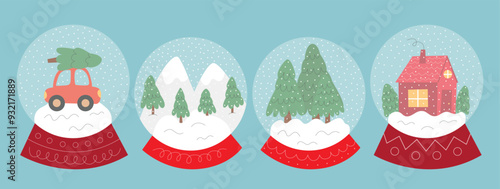 Set of Christmas crystal globes flat style. Vector snow balls with winter landscapes set