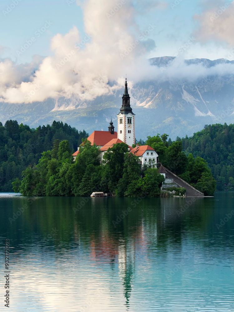 Bled Island from the Shore of Lake Bled on a summer evening, Slovenia Bled Island from the Shore of Lake Bled on a summer evening, Slovenia