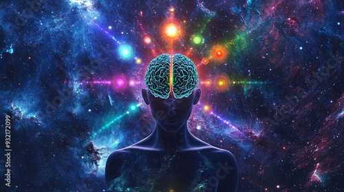 A compelling graphic of a figure’s brain emitting alpha waves that stimulate colorful chakra points, with a cosmic background of deep blues and purples. High resolution 8K photo