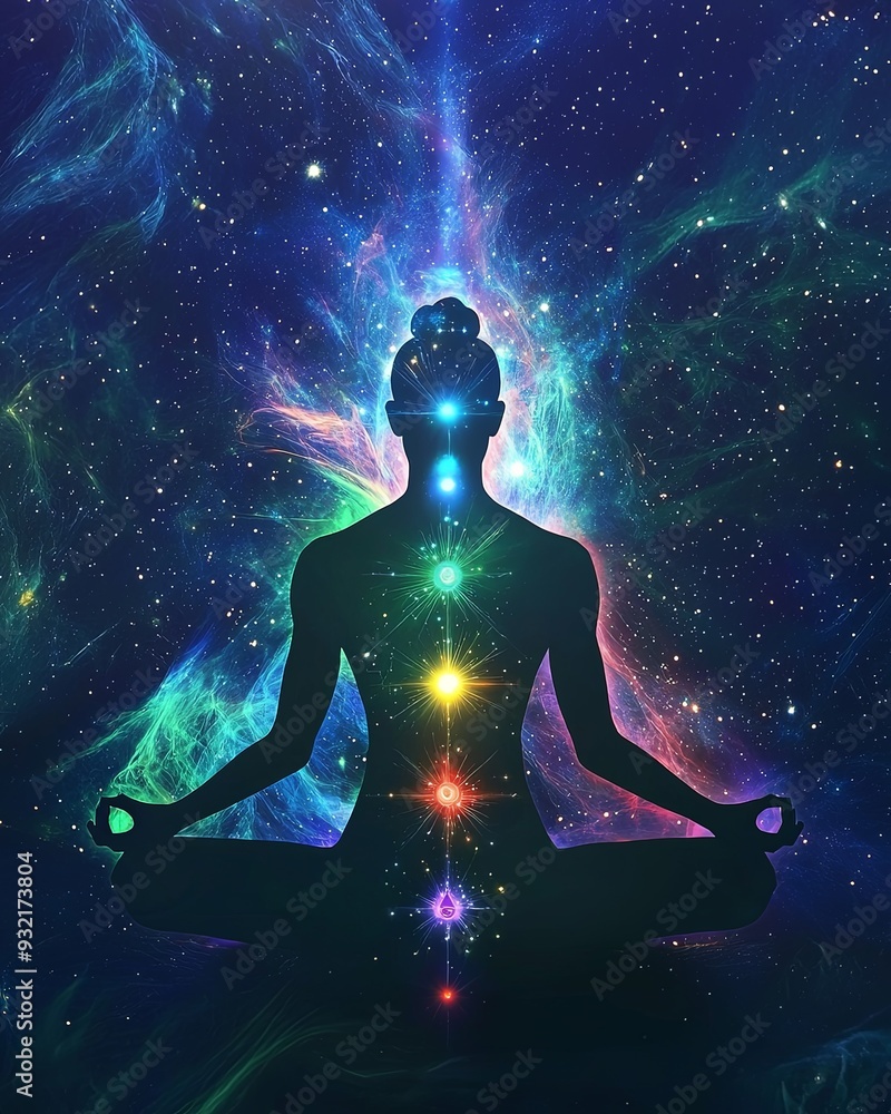 A stunning illustration of a meditating figure with alpha waves activating chakra points, featuring a deep cosmic background with glowing stars. High resolution 8K A stunning illustration of a meditating figure with alpha waves activating chakra points, featuring a deep cosmic background with glowing stars. High resolution 8K