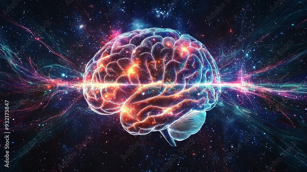 Fototapeta premium A high-resolution depiction of a brain with radiant sound waves and cosmic hues, highlighted by professional lighting and depth. High resolution 8K