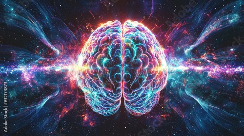 A high-resolution depiction of a brain with radiant sound waves and cosmic hues, highlighted by professional lighting and depth. High resolution 8K