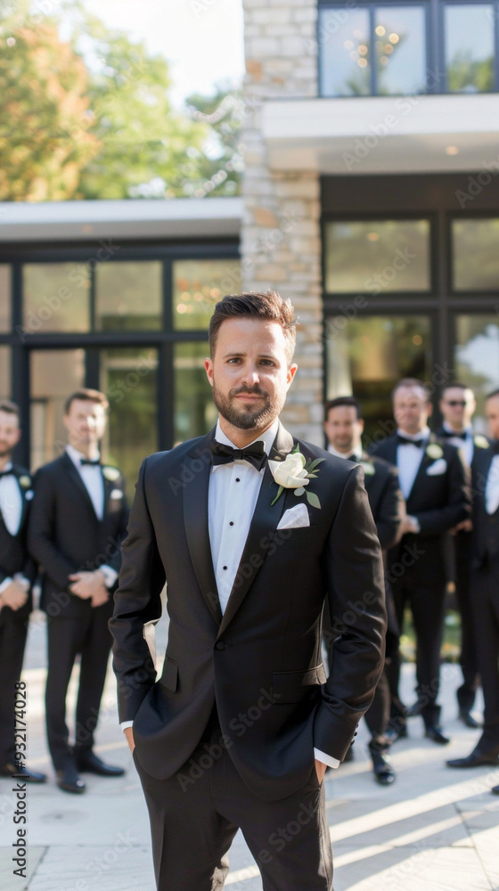 Fototapeta premium A groomsman stands confidently in a black tuxedo and bow tie surrounded by his fellow groomsmen at a wedding