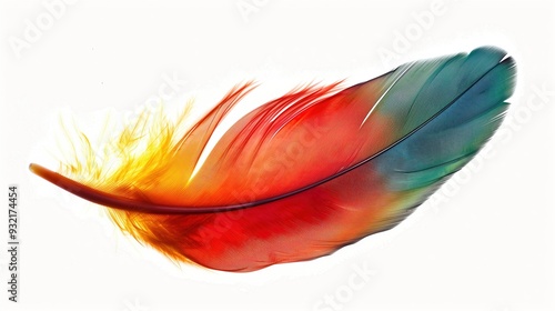 Multi-colored parrot feather on a white background, isolate
