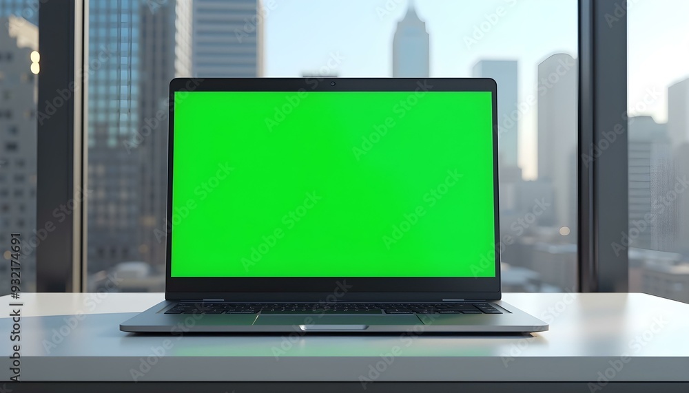 Laptop Green Screen Mockup, placed on a table. Skyscraper background, Laptop Mockup, Green Screen Laptop Laptop Green Screen Mockup, placed on a table. Skyscraper background, Laptop Mockup, Green Screen Laptop