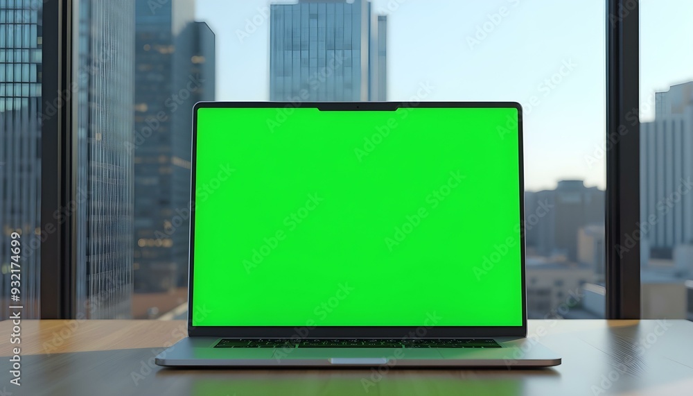 Laptop Green Screen Mockup, placed on a table. Skyscraper background, Laptop Mockup, Green Screen Laptop Laptop Green Screen Mockup, placed on a table. Skyscraper background, Laptop Mockup, Green Screen Laptop