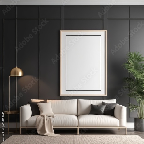 white color poster frame close up view in modern house interior with dark colored walls, wall mockup, 3d rendering