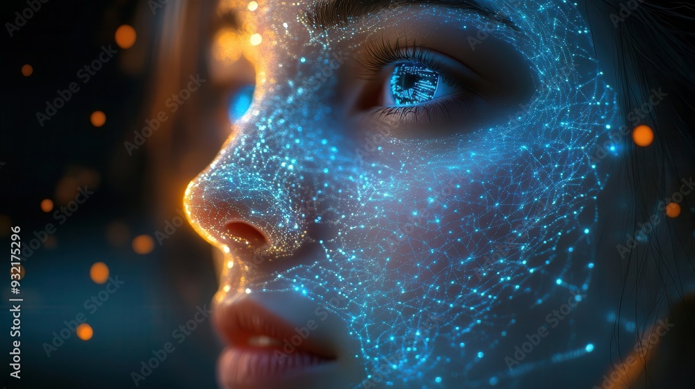 futuristic ai face composed of glowing blue neural networks and green ...