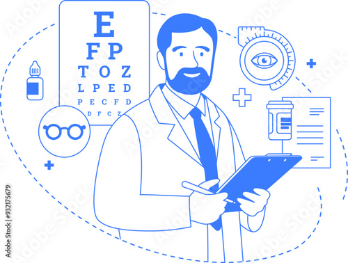 Doctor ophthalmologist flat one color illustration. Optometrist and eyecare service isolated. Line art infographic with icons. Editable stroke.