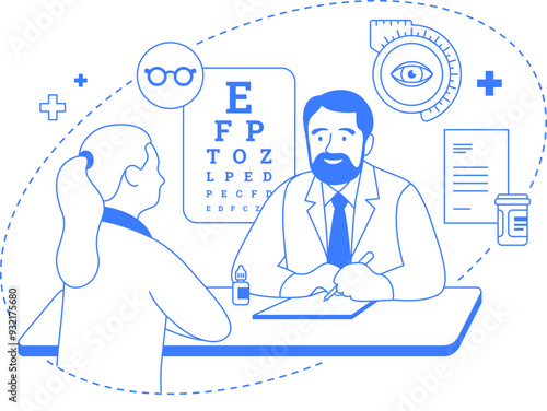 Doctor ophthalmologist with patient flat one color illustration. Optometrist consultation, vision exam and eyecare service. Line art infographic with icons isolated. Editable stroke.