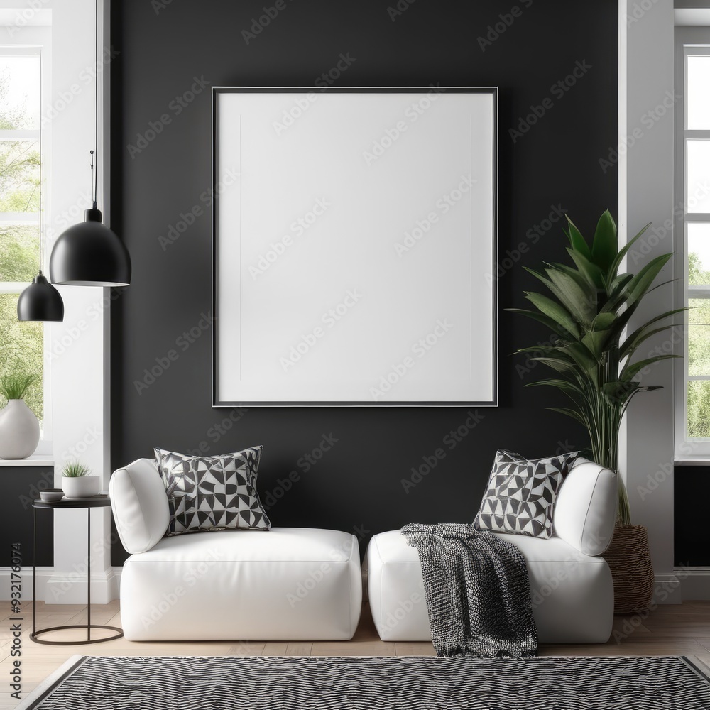 white color poster frame close up view in modern house interior with dark colored walls, wall mockup, 3d rendering white color poster frame close up view in modern house interior with dark colored walls, wall mockup, 3d rendering