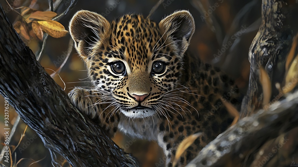 Fototapeta premium A curious leopard cub peeks from behind a tree branch, its large eyes filled with innocence and wonder.