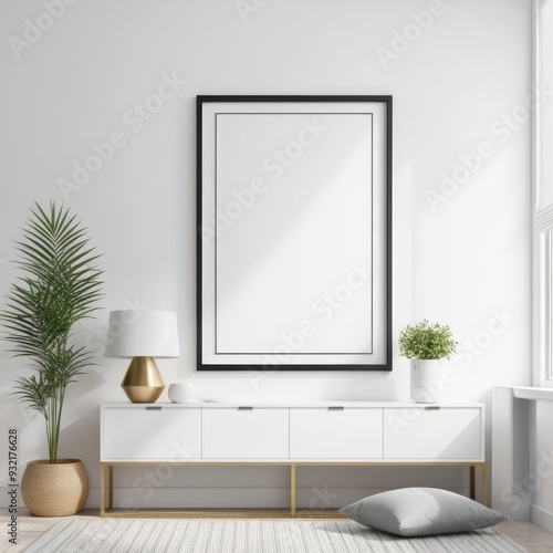 close up of mockup poster frame with modern minimalist interior background in bright white color, 3d rendering