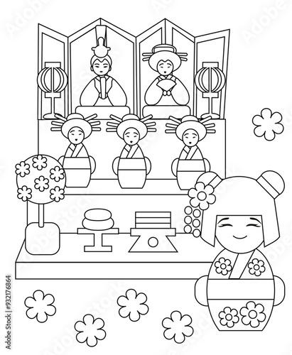 Vector illustration coloring Hinamatsuri, kokeshi girl on hina kazari background with hina ningyo dolls. Japanese traditional event, Hinamaturi. at March 3, the Dolls Festival of Japan.
