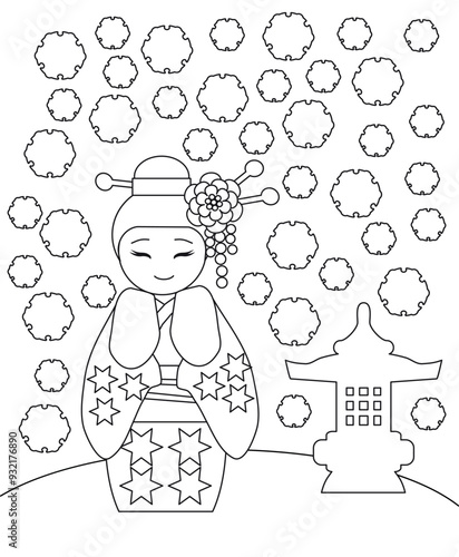 Vector illustration coloring page of winter girl kokeshi.