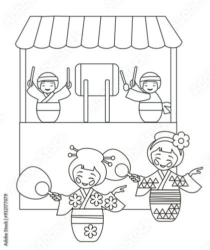 Vector illustration of Obon festival dance bonodori. Coloring