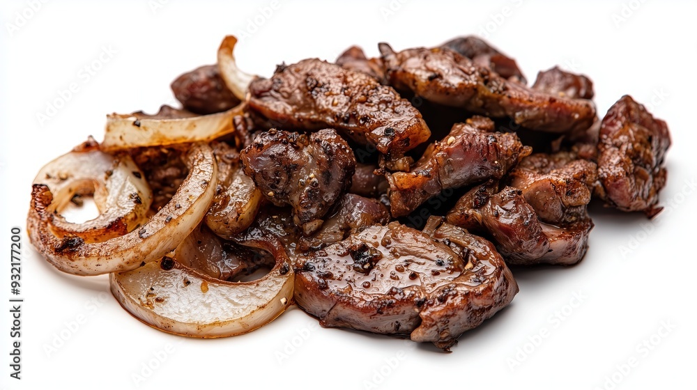 Appetizing pieces of fried meat with onions on a white background, isolated Appetizing pieces of fried meat with onions on a white background, isolated