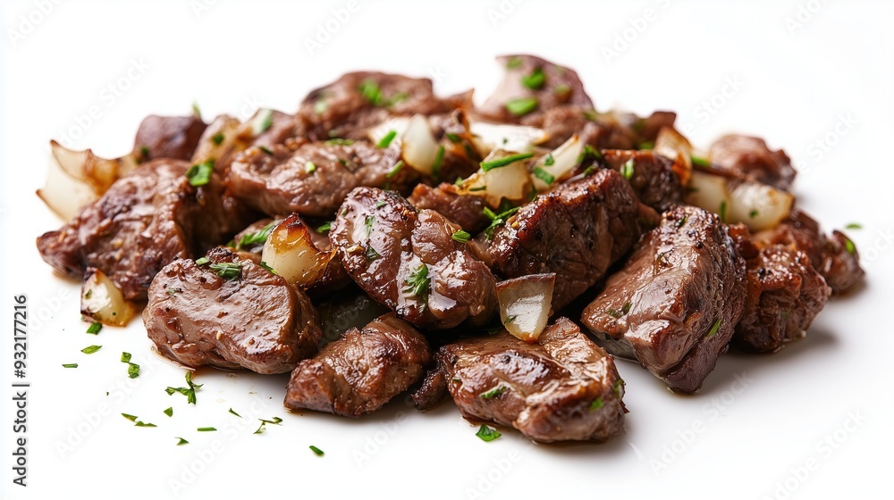 Appetizing pieces of fried meat with onions on a white background, isolated Appetizing pieces of fried meat with onions on a white background, isolated