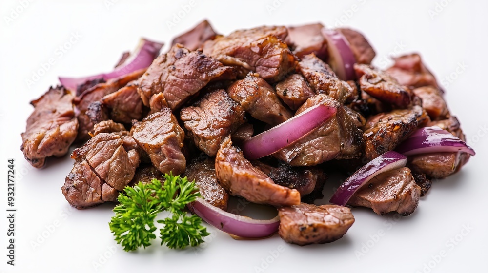Appetizing pieces of fried meat with onions on a white background, isolated Appetizing pieces of fried meat with onions on a white background, isolated