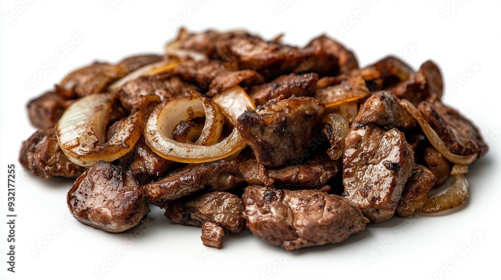 Appetizing pieces of fried meat with onions on a white background, isolated Appetizing pieces of fried meat with onions on a white background, isolated