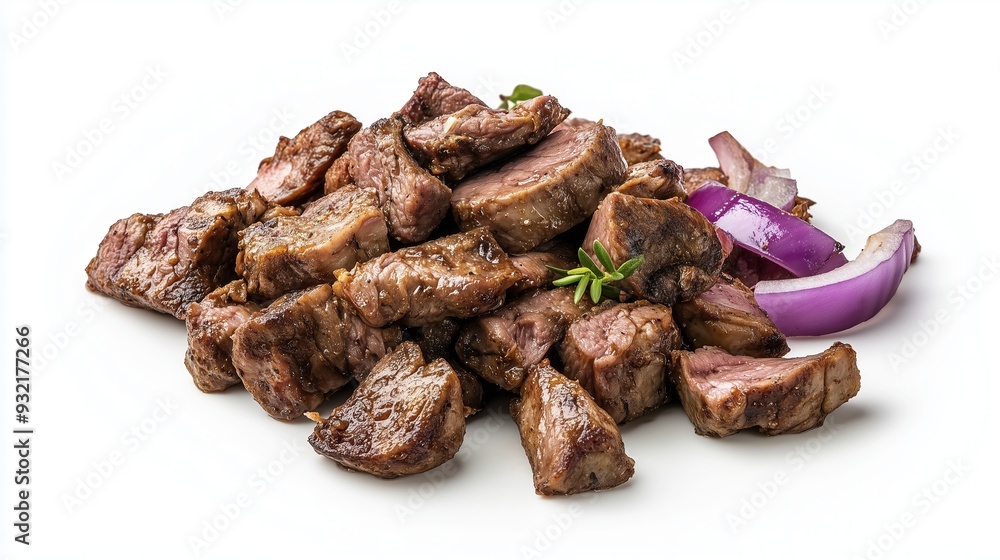 Appetizing pieces of fried meat with onions on a white background, isolated Appetizing pieces of fried meat with onions on a white background, isolated