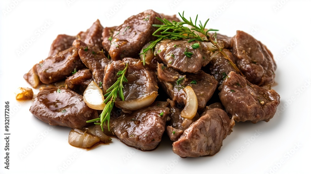 Appetizing pieces of fried meat with onions on a white background, isolated Appetizing pieces of fried meat with onions on a white background, isolated