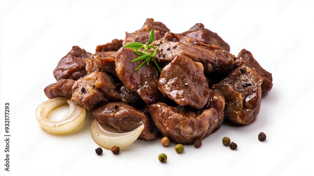 Appetizing pieces of fried meat with onions on a white background, isolated Appetizing pieces of fried meat with onions on a white background, isolated