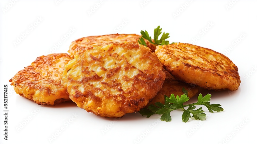 Appetizing fried potato pancakes on a white background, isolated