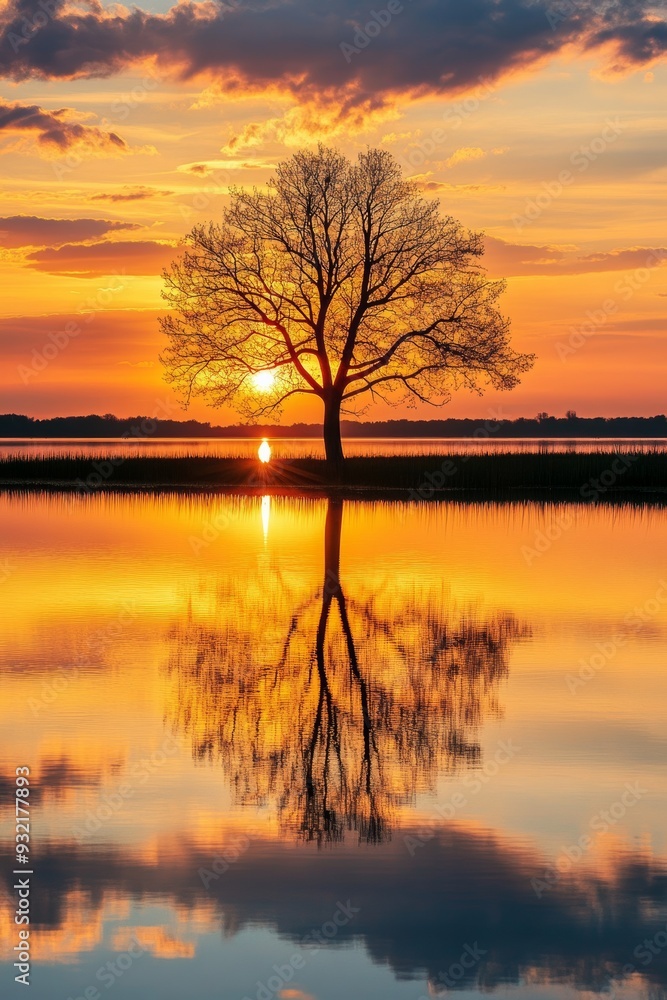 A serene, golden-hour landscape where a tranquil lake reflects the fiery hues of a setting sun, A serene, golden-hour landscape where a tranquil lake reflects the fiery hues of a setting sun,
