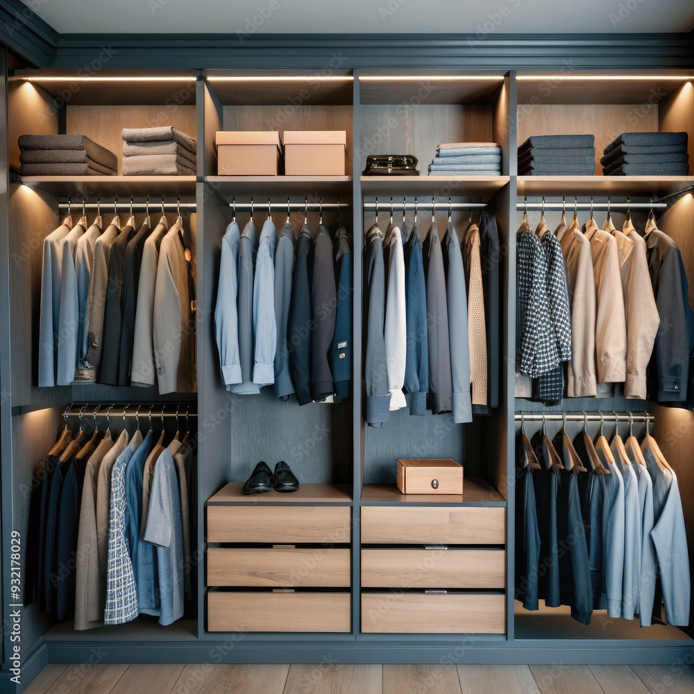 Organized closet with a variety of shirts, suits, and neatly arranged accessories. Generative AI Organized closet with a variety of shirts, suits, and neatly arranged accessories. Generative AI