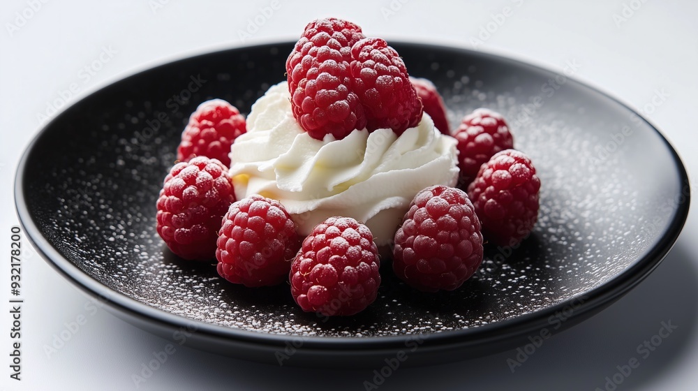 Raspberries with cream on a black plate on a white background, isolated Raspberries with cream on a black plate on a white background, isolated