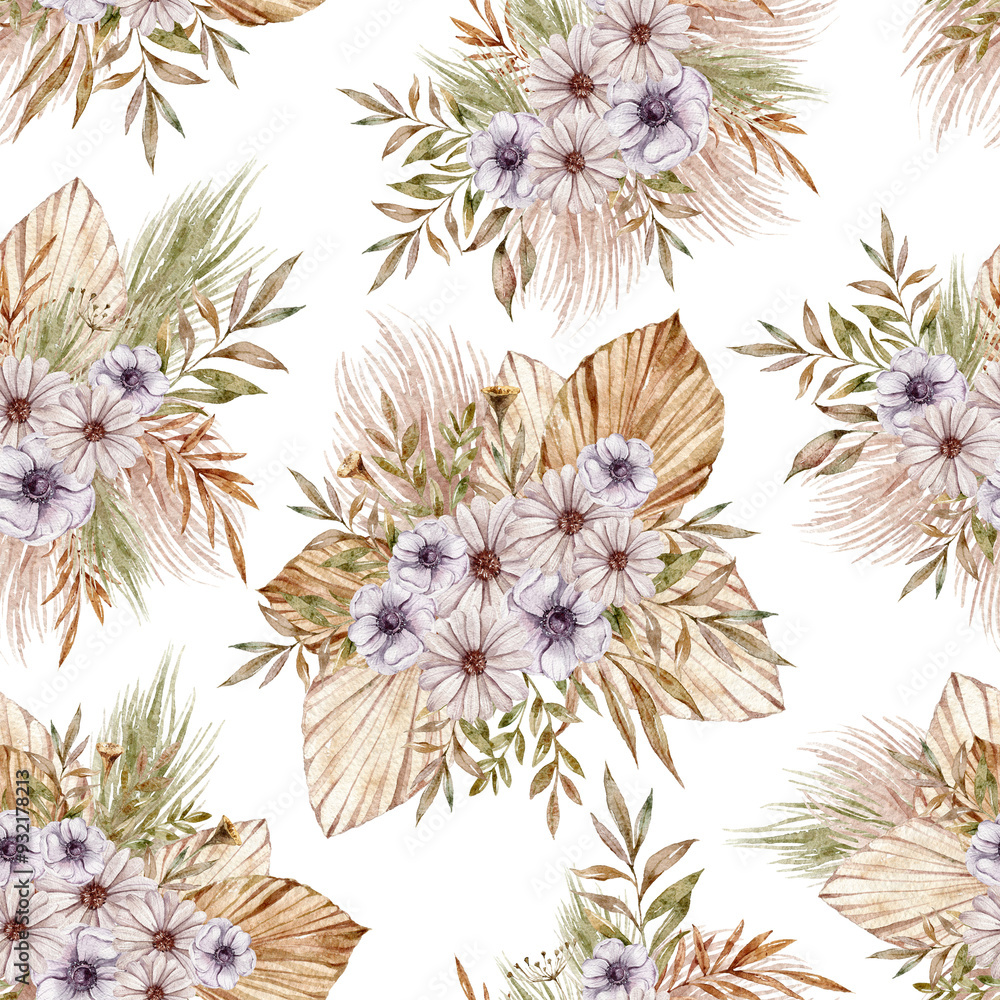 Naklejka premium Autumn or summer boho tropical bouquet seamless pattern, watercolor floral endless print template isolated on transparent background for wrapping, scrapbook, packaging paper. Floral illustration